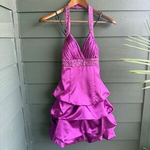 Xtraordinary Purple Satin Halter Bubble Skirt Mini Dress Sequin Waist Size 3